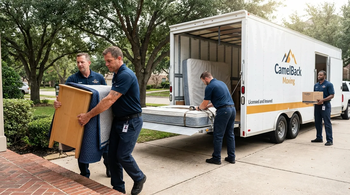 Crew loading residential truck for cross-state move from Two Rivers, WI