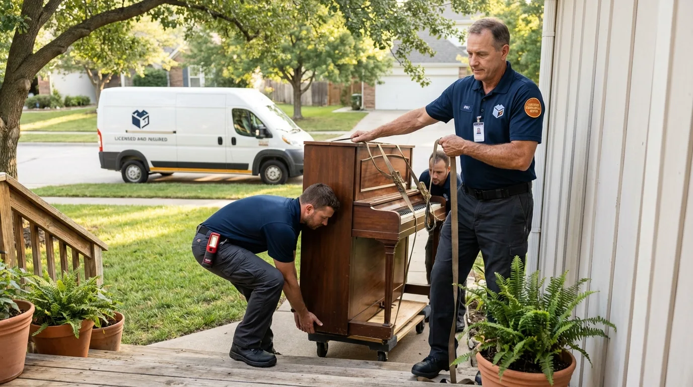 Licensed piano movers securing grand piano in Two Rivers, WI