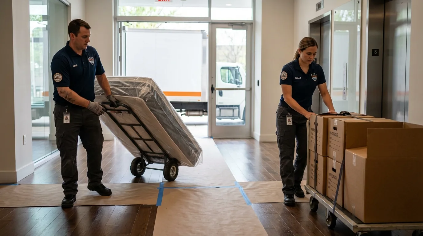 Professional apartment movers loading elevator in Two Rivers, WI